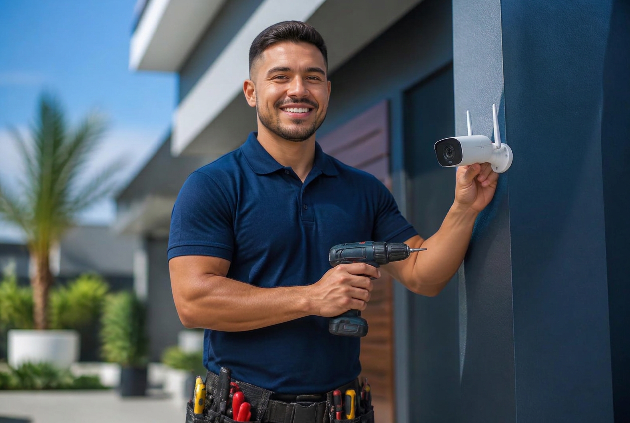 Técnico da InstalaFácil instalando uma câmera de segurança na fachada de uma residência
